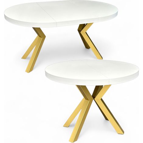 Runder Esstisch Weiß (Ø100/200 cm) Ausziehbar mit Goldenen X-Metallbeinen (1/5)