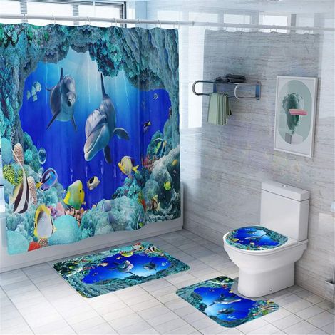 4 Pcs Ensemble Rideau de Douche Salle de Bain Tapis Contour WC Tapis de Bain Antidérapant Couvre Couverture de Toilette Siège Monde des Fonds Marins (Créatures Aquatiques) (1/5)