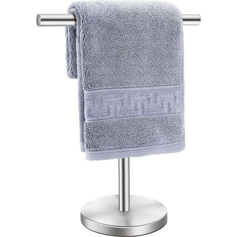 Porte-serviettes de bain en forme de T, en acier inoxydable, autoportant avec base lestée, pour salle de bain, cuisine et plan de travail, argenté (1/5)