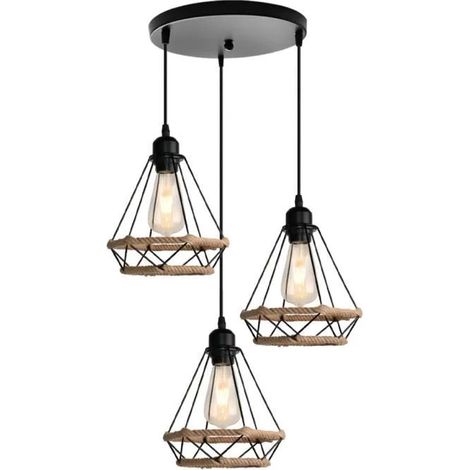 U-DO Lustre Ajustable Vintage Suspension Luminaire en Corde de Chanvre Industriel 3 Lampes Plafonnier Intérieur pour Cuisine Salon (1/4)