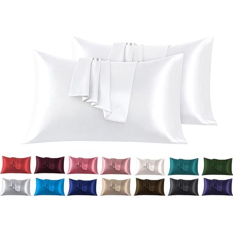 Taies d'oreiller en satin 50 x 70 cm, taies d'oreiller en satin doux pour la peau, blanc, 2 pièces
