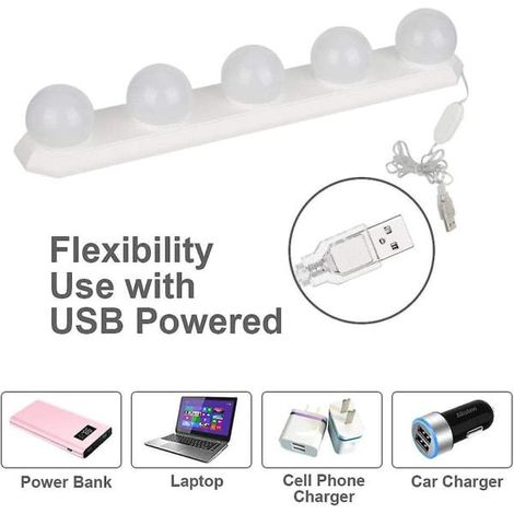 Lampe de miroir LED style Hollywood intensité variable USB pour maquillage salle bain coiffeuse 5 LED Blanc (1/4)