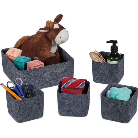 Relaxdays Cesto Portaoggetti in Feltro, Set 5 Contenitori di 2 Misure, Scatola in Tessuto per Accessori, Grigio Scuro