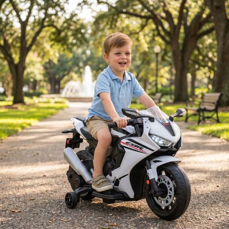 Moto électrique enfant sous licence HONDA, batterie 6V rechargeable, vitesse 3 km/h, blanc - jouet à chevaucher, véhicule miniature pour filles et garçons, cadeau idéal. (1/5)