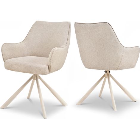 Bon Furni Webstoff Esszimmerstuhl Beige mit weißen Beinen, 2er Set, 360° drehbar, ergonomisch mit Federkern, unsichtbarem Reißverschluss & verstellbaren Füßen