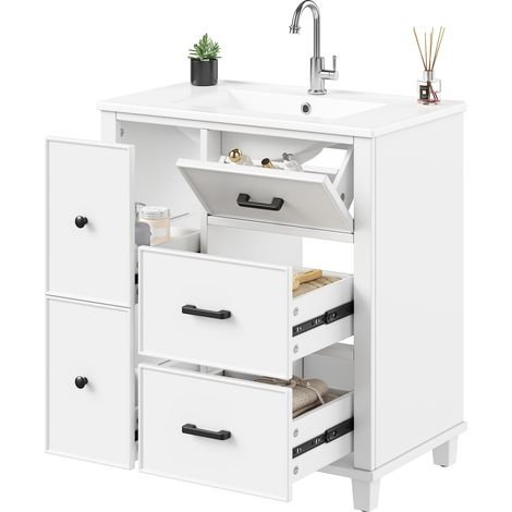 CHICFURN Meuble sous vasque salle de bain 76,5 x 47 x 83,5 cm avec vasque céramique intégrée, 4 tiroirs, 1 abattant, MDF laqué blanc, sur pieds (1/5)