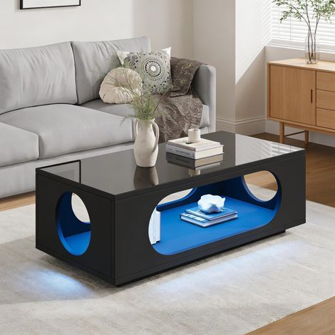Table basse rectangulaire pour salon et chambre, avec LED contrôlée par application, rangement ouvert, 100x50x35 cm, MDF noir brillant