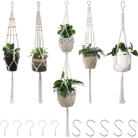5-teiliges Pflanzenständer- und Pflanzenregal-Set, Makramee-Hängetopf, Hängekorb aus Baumwollseil, Blumentopf für Pflanzen, Hängehalter