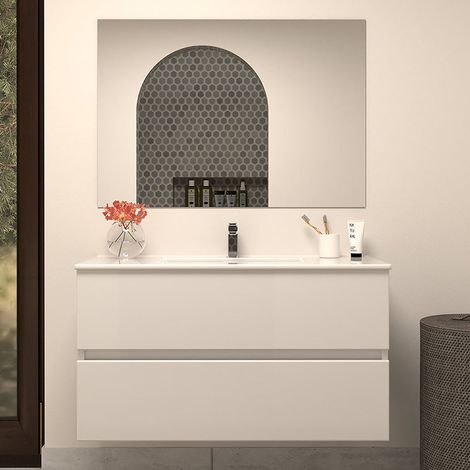 Meuble de salle de bain 90cm simple vasque - 2 tiroirs - blanc brillant - IDA