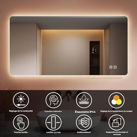 Bathroom Mirror with Lighting, 100 x 60 x 3.5 cm, Mirror with Lighting, Adjustable, 3 Colours, Anti-Fog Function, Vertical/Horizontal, LED Bathroom Wall Mirror (1/4)