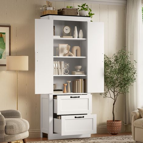 60×30×168cm, armoire haute de cuisine blanche de style champêtre avec étagères réglables, 2 portes et 2 tiroirs (1/4)