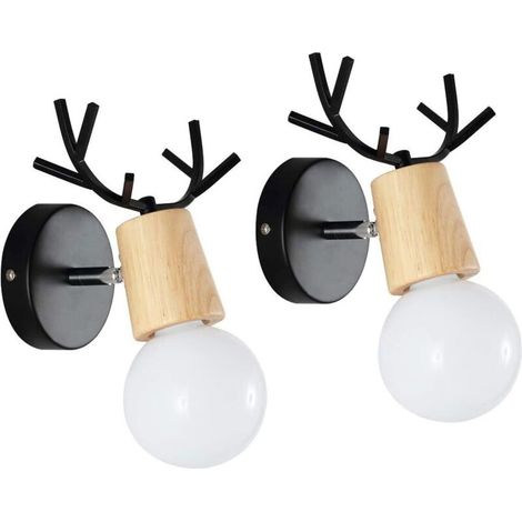 Lot de 2 Applique Murale Moderne Créative Design Deer Antler Lampes Murale Interieur en Bois et Métal Lampe de Mur Art Déco pour Chambre Salon Couloir Restaurant Salle de Bains (Noir) (1/5)