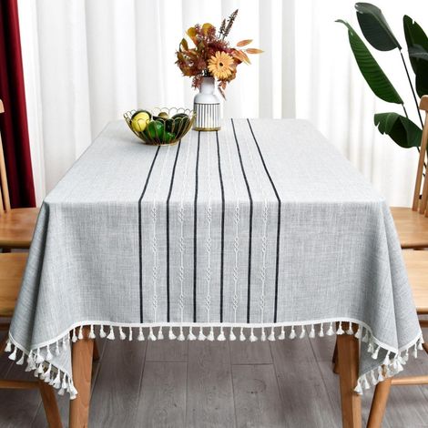 Leinentischdecke abwaschbar 135x135cm grau mit Quasten für Esstisch