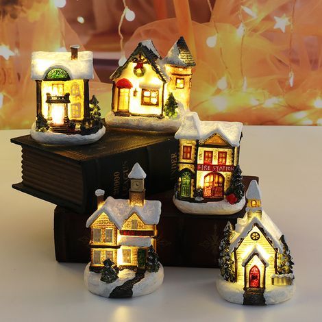Decoration Village Noel Lumineux, 5 Pcs Decoration Noel Interieur Village Miniature, LED Maison de Noel Flocons de Neige kit, Deco de Noel Village Paysages en Résine Décoration de Table Intérieur (1/5)