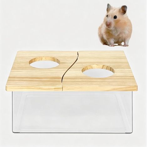 Bac à Sable Hamster 20x15x8 cm – Couvercle Bois Naturel Bac à Sable en Acrylique, Couvercle en Bois Naturel, Facile à Nettoyer, pour Hamsters, Gerbilles et Autres Rongeurs (1/5)