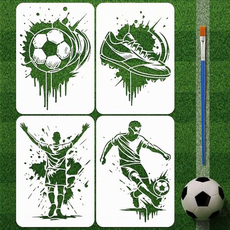 4 Styles Pochoirs Graffiti Motif Football Avec Un Pinceau 29.7x21cm 4 Styles Pochoirs Peinture Athlètes Pochoir Chaussures Football Pochoir Thèmes Sportifs Pet pour Bois Sol Mur Tissu (1/3)
