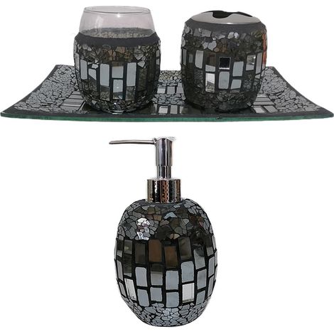 Set da 4 accessori da bagno arredo vassoio con porta sapone spazzolini spazzole per casa con specchio effetto mosaico (1/5)