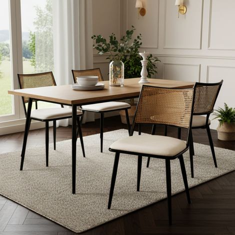 Lot de 4 chaises de salle à manger assise en similicuir (PU) et dossier en rotin adaptées aux salons ou aux chambres couleur noire. (1/5)