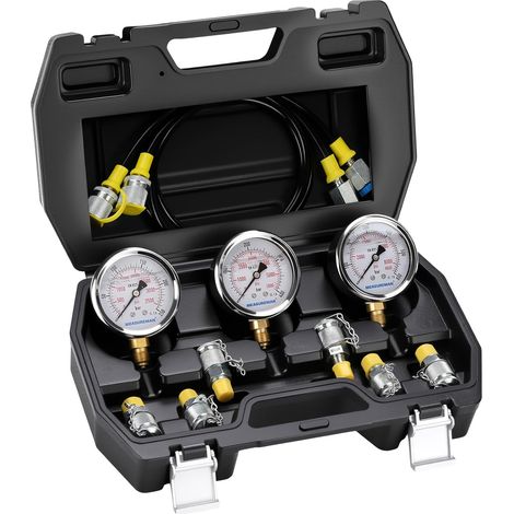 Hydraulic Pressure Test Kit - Includes 3 Pressure Gauges (250/400/600 Bar), 2 Hoses, 6 Test Fittings, for Construction Machinery Systems, Supplied in a Heavy Duty Case (1/5)