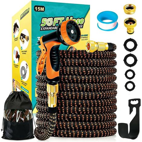 Garden Hose with Brass Connector 3/4 Inch and 1/2 Inch, Retractable Garden Hoses with Function Nozzle, Expandable Hose for Garden (1/5)