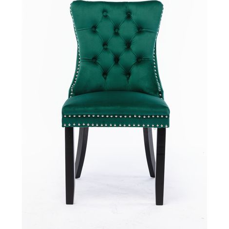 Chaise de salle à manger rembourrée en velours vert avec pieds en bois massif, dossier haut, lot de 2 (1/5)