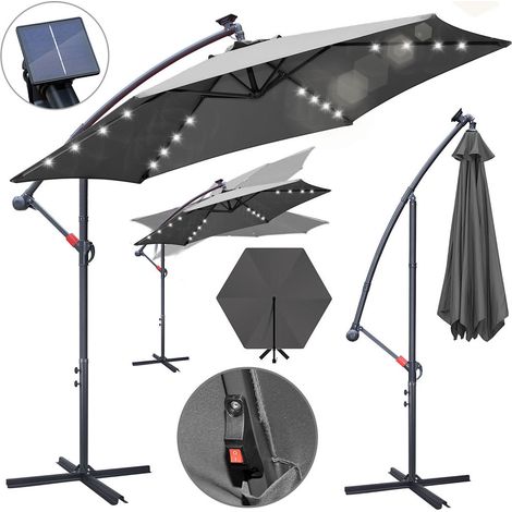 Randaco Sonnenschirm 3m Grau mit LED Beleuchtung, Gartenschirm mit Kurbel, UV 50+ Sonnenschutz, kippbar & stabil, inkl. Kreuzfuß, für Terrasse Garten