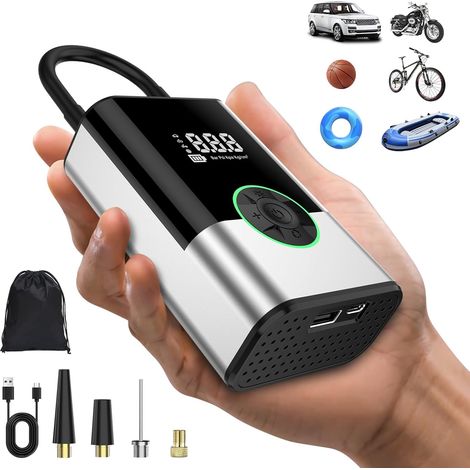 Tragbare Luftpumpe 6000 mAh, 150 PSI, kabellos, elektrisch, fürs Auto, tiefschwarz.