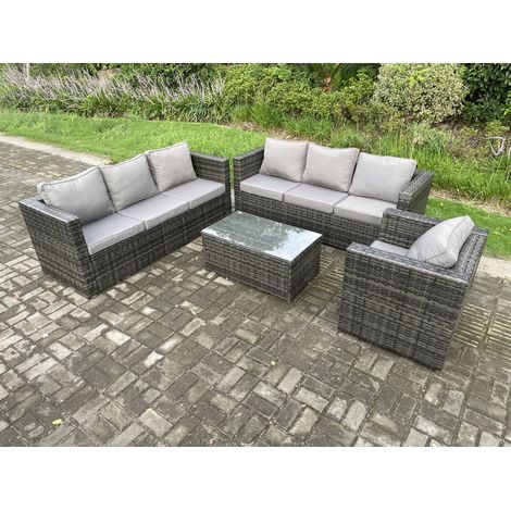 Fimous 7 Seater Rattan Garden Furniture Set Indoor Outdoor Patio Sofa Set with Oblong Coffee Table Armchair Dark Grey Mixed (1/5)