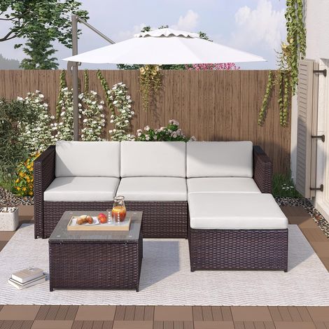 Set di mobili da giardino in rattan composto da 5 pezzi: divano angolare con cuscini per seduta e schienale, tavolino da caffè per giardino/esterno/patio/piscina (marrone) (1/5)
