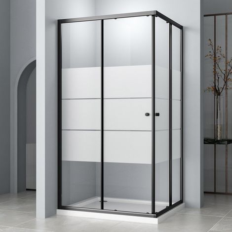 Duschkabine Schwarz 100x100 cm Eckeinstieg Schiebetür, Duschabtrennung Duschwand mit Doppel Schiebetür, 6mm ESG Glas mit weißen Querstreifen-Dekor, Höhe 185cm