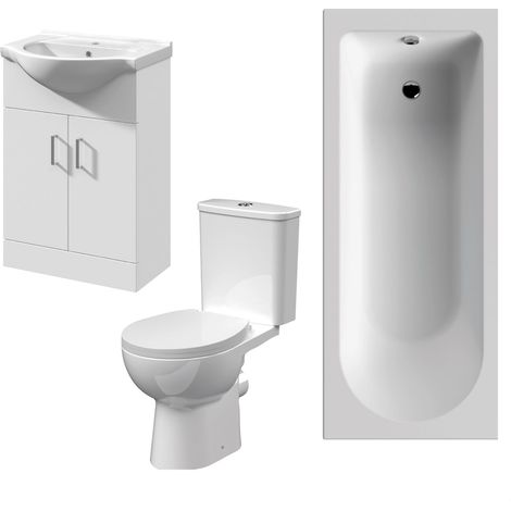 1700mm Bathroom Suite with Round Single Ended Bath Tub, Front Panel, 550mm Vanity Basin Unit and Toilet and Seat - Gloss White