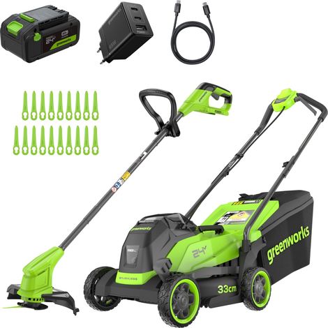 24V Tondeuse à Gazon, Largeur de Coupe 33 cm, Jusqu’à 280 m² + Coupe-Bordures sans Fil avec tête d’Alimentation Automatique, 1 Batterie 4 Ah et Chargeur – MTCK24B410-01 (1/5)