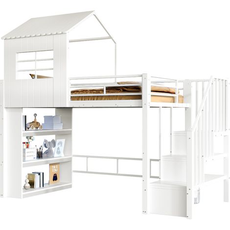 Lit mezzanine 90 x 200 cm avec escalier réversible, étagères de rangement et grand espace dessous, structure métal et MDF blanc pour chambre enfant - CHICFURN (1/5)