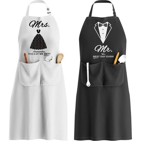 Mr. & Mrs. Schürze, verstellbare Schürze mit 2 Taschen, Paar-Schürze als Geschenk zum Hochzeitstag, Valentinstag, Muttertag (schwarz & weiß) 2 Stück (1/5)