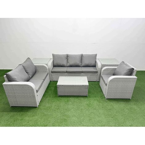 Fimous Patio PE Wicker 6 Seater Outdoor Rattan Furniture Sofa Sets with Rectangular Coffee Table Reclining Chair Loveseat Sofa 3 Seater Sofa 2 Side Table Light Grey (1/5)