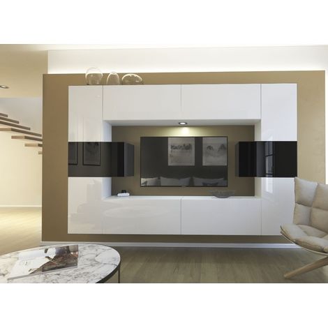 Ensemble meuble TV NEXT 4 AN4-17WB-HG23-1B blanc-noir brillant 256 cm