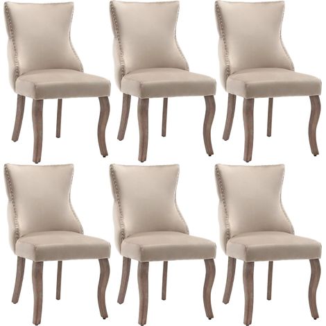 CAIziChaise de salle à manger (chaise de salon avec dossier à capitonnage à boutons unique, lot de 6), chaise rembourrée avec clous décoratifs, revêtement en velours, pieds cintrés en bois massif, bei