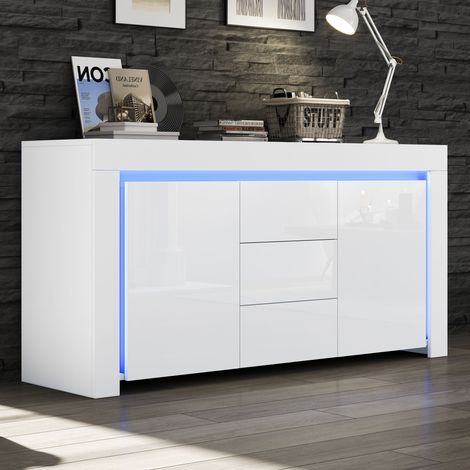 Sideboard Modern mit 2 Türen und 3 Schubladen, LED, Hochglanzfront, Wohnzimmer, 140×40×65 cm (1/5)