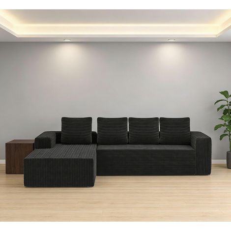 Canapé modulable profond avec méridienne à droite, prêt à monter, velours côtelé, noir (1/5)