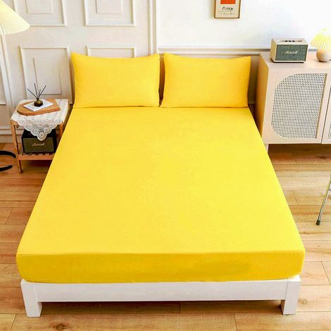 Parure de lit (avec deux taies d'oreiller de 50 x 75 cm), en microfibre de polyester, adaptée aux matelas jusqu'à 30 cm d'épaisseur, 120 x 200 x 30 cm, jaune (1/4)