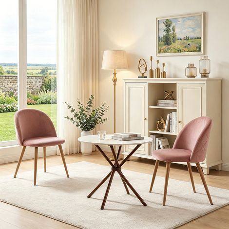 Esszimmerstuhl Set mit 2 Samt, Rautenförmige Rückenlehne, Eichenoptik Füße, Rosa