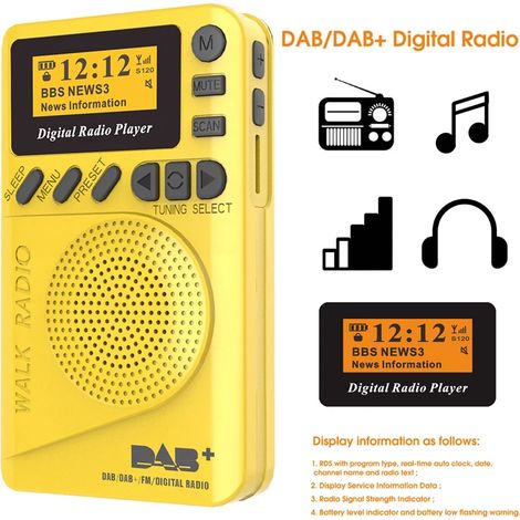 (Jaune) Mini radio numérique DAB/FM/lecteur MP3 de poche avec écran LCD, prise en charge des cartes TF et fonction de minuterie de sommeil. (1/5)