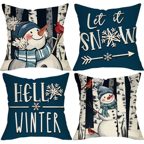 Fundas de cojín decorativas azules con diseño de muñeco de nieve, juego de 4, 45 x 45 cm, decoración para exteriores, Let It Snow (1/4)