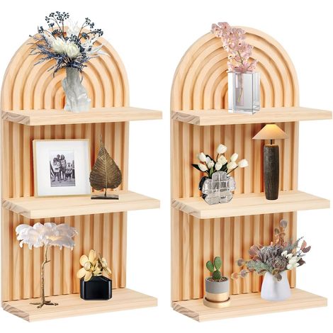 Lot de 2 Étagère Murale Bois Bohème à Trois Étages, Tablette Suspendue Murale Arc en Ciel, Support Mural pour Chambre à Coucher (1/5)
