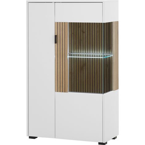 Highboard mit Vitrinentür inkl. Beleuchtung weiß matt Eiche gerillt HUNTER-61 (1/5)