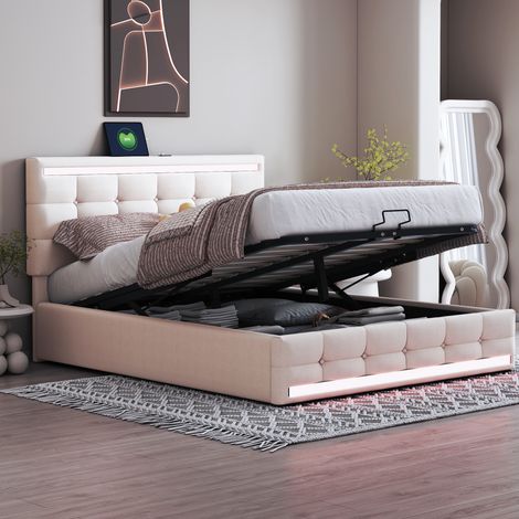 Letto matrimoniale 140x200cm Design moderno Struttura robusta Montaggio rapido tessuto lino Beige (Senza materasso) (1/5)