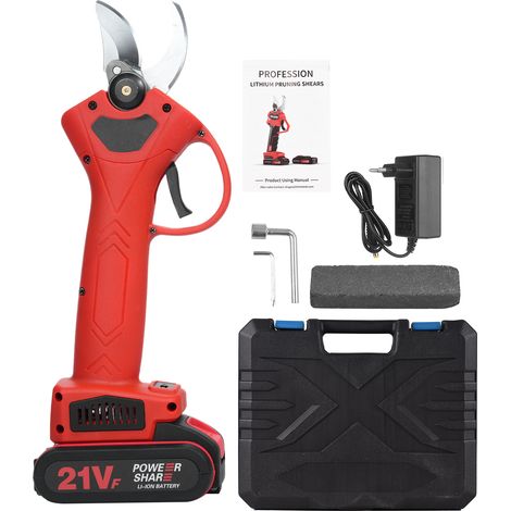 Sécateur électrique sans fil professionnel 21 V pour l'élagage et la taille des branches de jardin, livré avec une batterie rechargeable de 2000 mAh