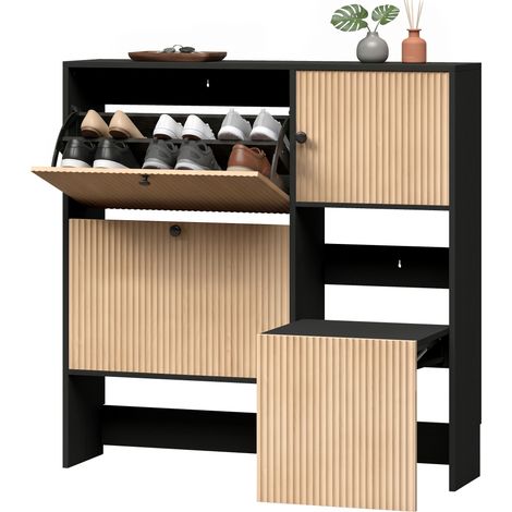 Meuble à chaussures étroit avec 2 tiroirs abattants, tabouret dissimulé, étagères réglables, 8 à 10 paires, 100 x 23,8 x 100 cm, chêne (1/5)