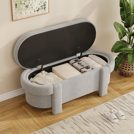Banc de rangement, coffre avec couvercle, banc rembourré, boîte de rangement, banc de rangement capitonné aspect polaire, pour salon, chambre, gris, 121,5 x 49 x 44,5 cm (1/5)