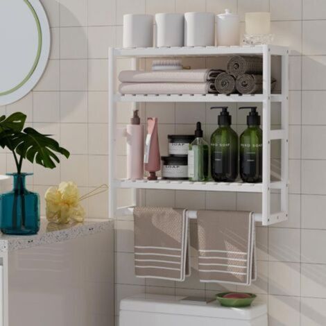 Étagère flottante murale en bambou à hauteur réglable avec porte-serviettes pour salle de bain et cuisine (blanc, 1 pièce) (1/5)